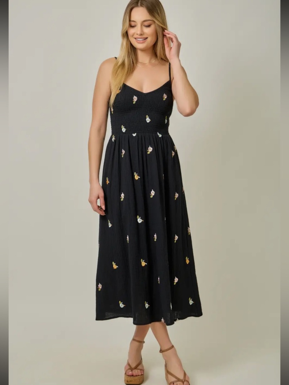 2017. Embroidered cotton smocked midi dress black